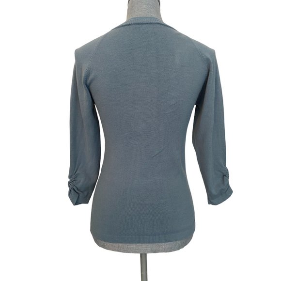Simon Chang V-Neck Knit Sweater 3/4 Ruching Sleeve Blue Size Small - Picture 3 of 8